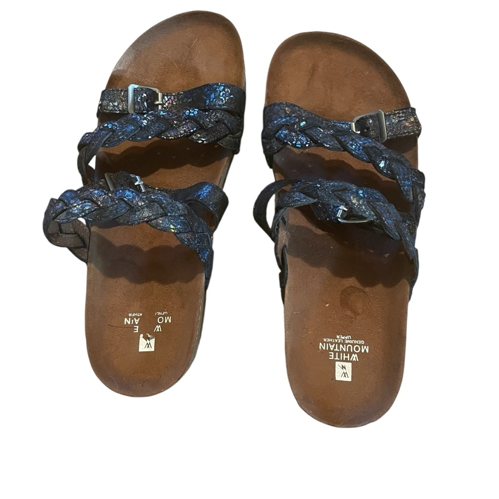 EUC White Mountain Blue blue sparkly adjustable strap leather/cork slide sandals